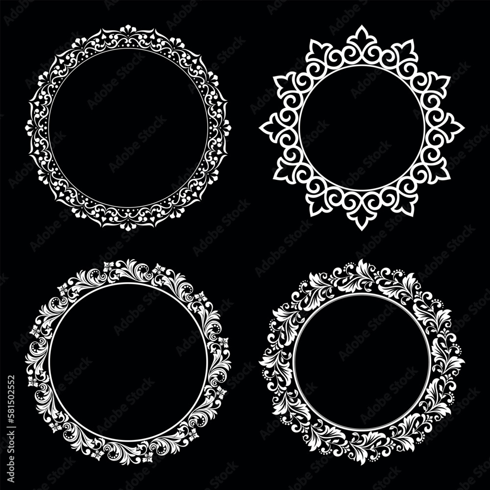 Set of decorative frames Elegant vector element for design in Eastern style, place for text. Floral black and white borders. Lace illustration for invitations and greeting cards. Set of decorative frames Elegant vector element for design in Eastern style, place for text. Floral black and white borders. Lace illustration for invitations and greeting cards.