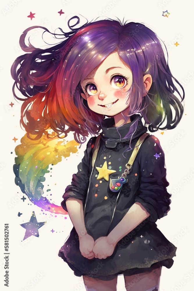 Obraz premium Sweet and Cheerful Cartoon Girl with Purple Hair and Cute Little Dress Generative AI
