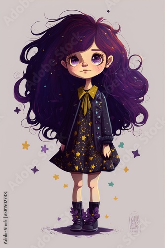 Sweet and Cheerful Cartoon Girl with Purple Hair and Cute Little Dress Generative AI