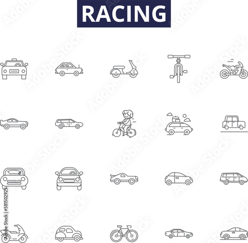 Racing line vector icons and signs. Track, Sprint, Marathon, Lap, Auto, Drag, Rally, Indy outline vector illustration set