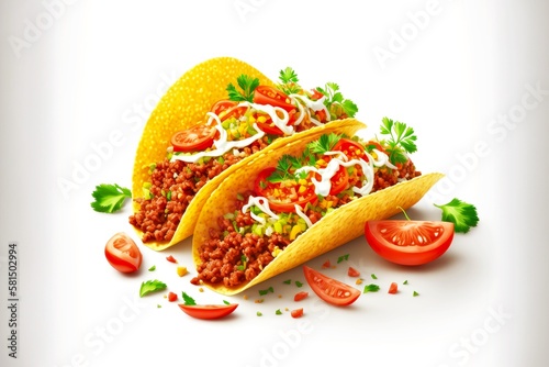 tacos mexican snack with finely choed tomatoes, meat and herbs, created with generative ai photo