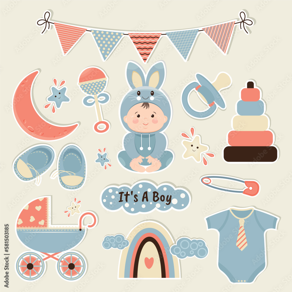 Baby shower. Cute baby boy in a rabbit costume. A set of stickers for a newborn