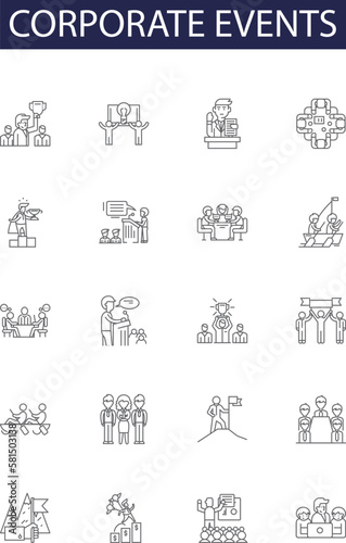 Corporate events line vector icons and signs. Events, Conference, Meeting, Seminar, Workshop, Exposition, Retreat, Training outline vector illustration set