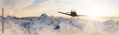Military old airplane flying over the mountain peaks. 3d Rendering Aircraft. Aerial Landscape from British Columbia, Canada.