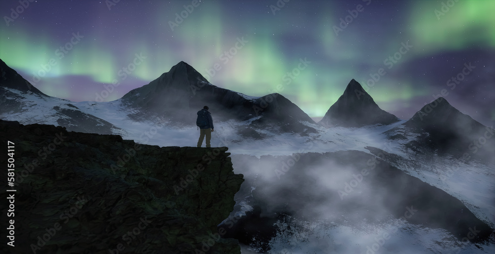 Adventure Man on top of Rocky Mountain Landscape. Nature Background. Cloudy Sky at Night with stars and northern lights. 3d Rendering.