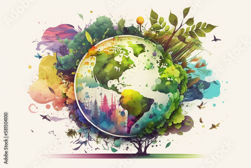 World environment and Earth Day concept with colorful globe and eco friendly enviroment. Generative ai. © erika8213