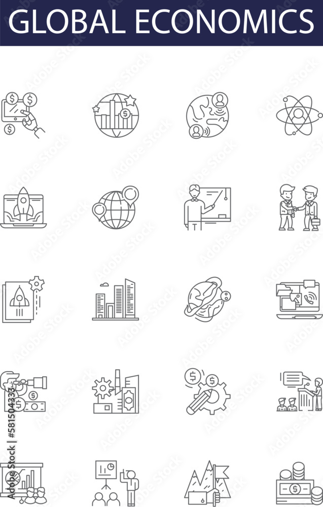Global economics line vector icons and signs. Economics, Trade, Finance, Market, Investment, Currencies, GDP, Politics outline vector illustration set