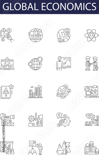Obraz na płótnie Global economics line vector icons and signs. Economics, Trade, Finance, Market, Investment, Currencies, GDP, Politics outline vector illustration set w salonie