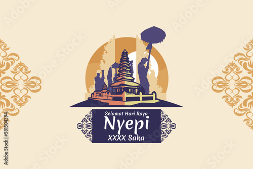 Indonesian translate: Happy Nyepi Day, Vector Illustration. Suitable for greeting card, poster and banner 