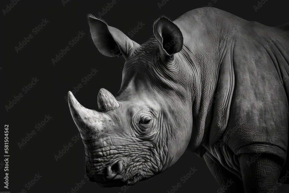 Obraz premium Portrait in black and white of a hypervigilant rhinoceros. Africa's fine arts. Simulated Ceratotherium. Generative AI