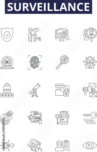 Surveillance line vector icons and signs. Observation, Supervision, Tracking, Watch, Scanning, Oversight, Guarding, Shadowing outline vector illustration set