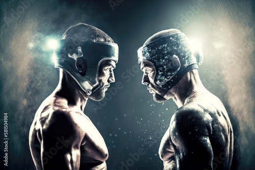 confrontation between two fighters before fight in boxing ring of mixed martial arts mma competition, created with generative ai photo