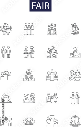 Fair line vector icons and signs. Unbiased, Honest, Impartial, Reasonable, Equal, Righteous, Equitable, Ethical outline vector illustration set