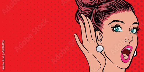 Pop art beautiful girl shocked and hears something, discount or discounts when shopping in vintage comic style. on a red background
