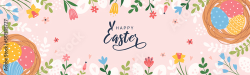 Happy Easter. Horizontal banner, greeting card, poster, holiday cover. Modern beautiful design with typography, flowers, easter eggs, branches. Vector festive banner.