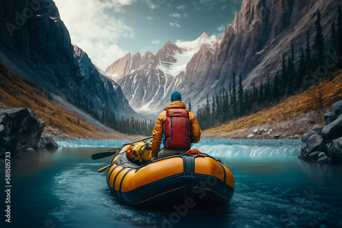 Man is rafting down a mountain river in an inflatable boat. Generative AI © Andrii 