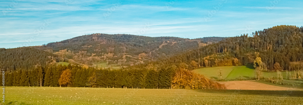 Autumn or indian summer landscape shot near Perasdorf, Bavarian forest, Bavaria, Germany