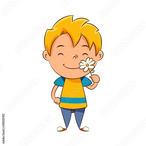 Kid smelling white flower, sense of smell