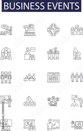 Business events line vector icons and signs. Conference, Workshop, Retreat, Summit, Trade-show, Forum, Expo, Networking outline vector illustration set
