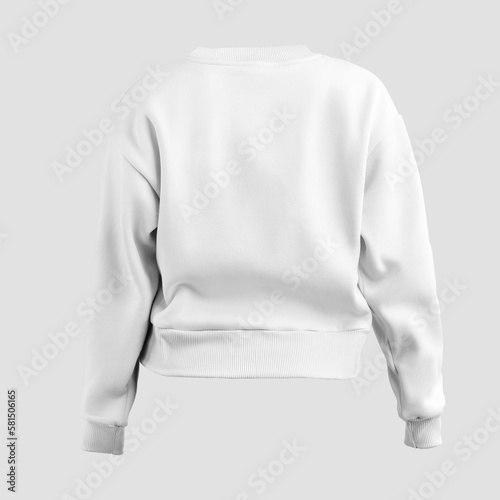 Mockup of women's crop sweatshirt with cuffs, round neck, white streetwear, 3D rendering, clothing for design, brand, back view.