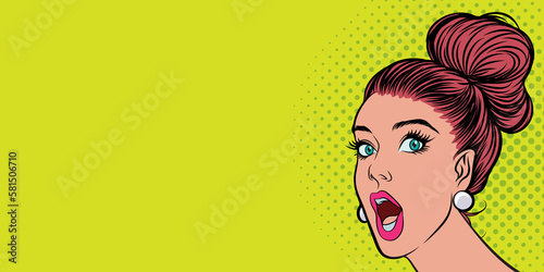 Pop art woman saying something, woman announcing a sale or discount when shopping. in vintage cartoon style