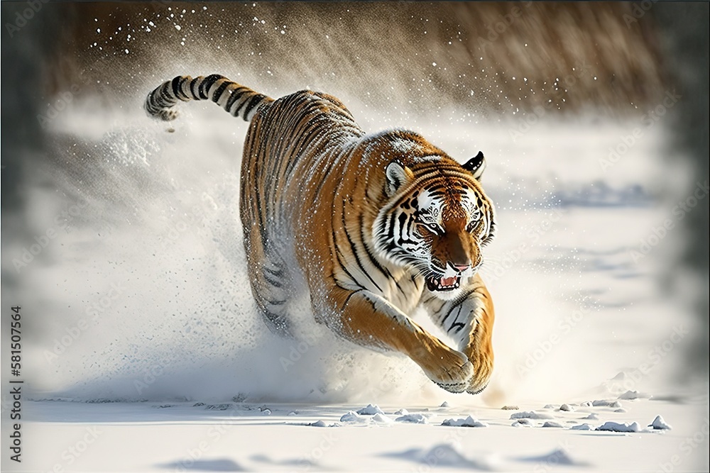 Siberian Tiger running in the snow and catching their prey. Very dynamic photo. China. Harbin. Mudanjiang province. Hengdaohezi park. Siberian Tiger Park. Winter. Hard frost, AI generated