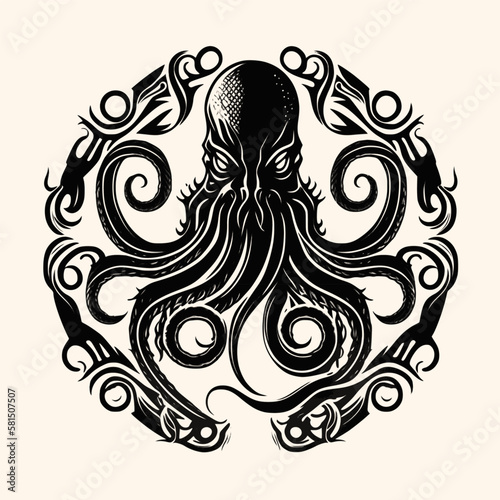 Black and White Cthulhu,Kraken Silhouette Ornament Vector Art for Logo and Icon