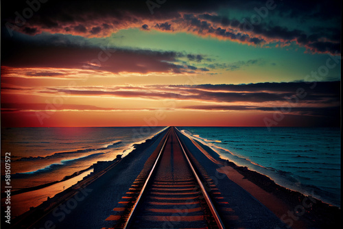 Railroad going far into the sea, abstract illustration.