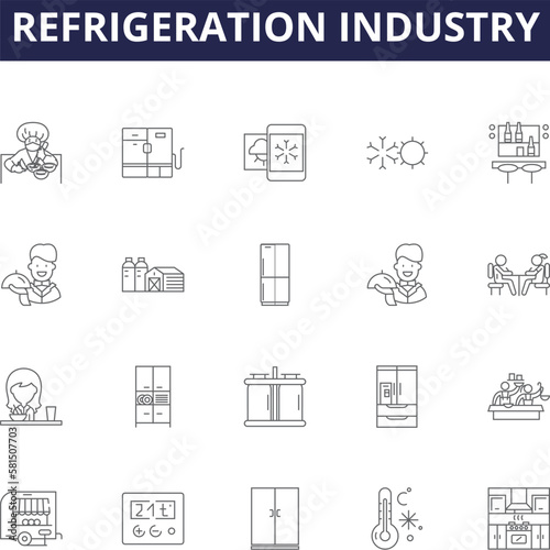 Refrigeration industry line vector icons and signs. industry, cooling, HVAC, compressors, chillers, condensers, thermodynamics, insulation outline vector illustration set