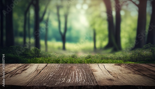 Wooden table and spring forest background  generative ai