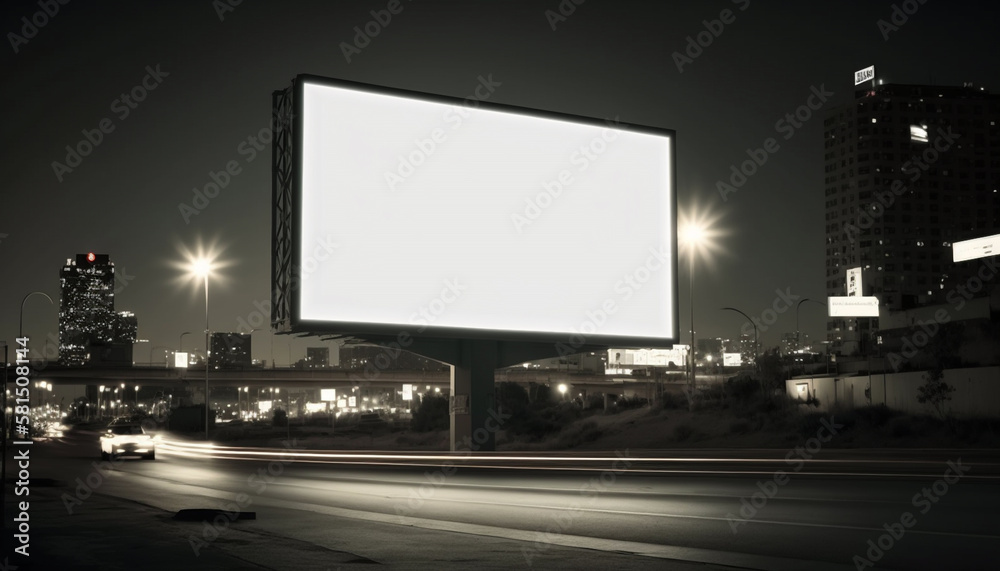 Billboard Mockup. Digital Media Blank billboard, signboard for product advertisement, design, advertising light box billboard. Billboard Mockup against night city background, copy space. Generative Ai
