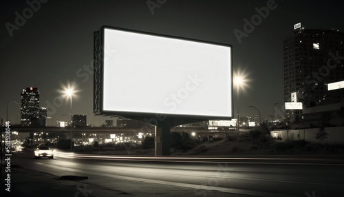 Billboard Mockup. Digital Media Blank billboard, signboard for product advertisement, design, advertising light box billboard. Billboard Mockup against night city background, copy space. Generative Ai