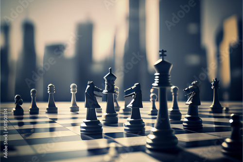 Several chess pieces against the backdrop of skyscrapers and the business district. Competition, chess game and business strategy concept. AI generated.