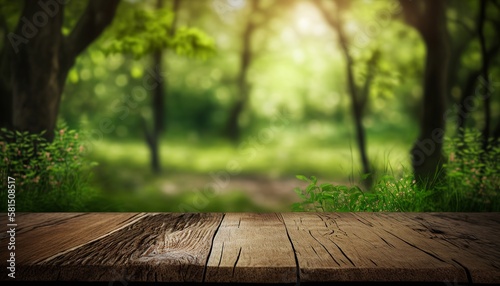 Wooden table and spring forest background, generative ai