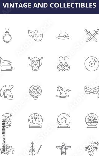 Vintage and collectibles line vector icons and signs. Collectibles, Antique, Retrotiques, Memorabilia, Rare, Timeless, Valuable, Keepsakes outline vector illustration set
