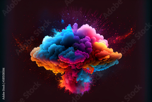 Explosion of colorful powder for holi festival. Colored powder, cloud mixed. Dark background.
