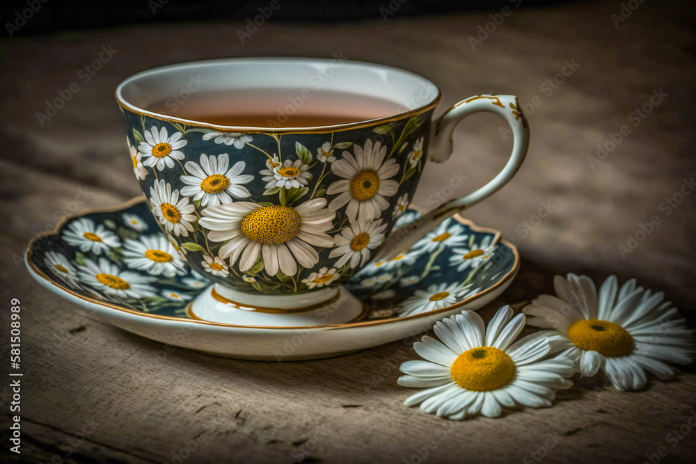 Close up of a tea cup and daisies on a wooden table. Created with Generative AI technology. Close up of a tea cup and daisies on a wooden table. Created with Generative AI technology.