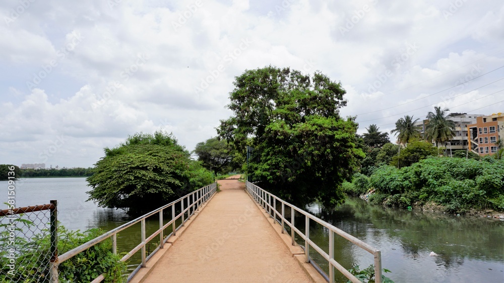 Landscape view of walking lane of Agara lake. Well maintained lake