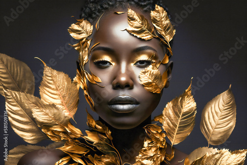 Portrait of a black woman decorated with gold leaves. Created with Generative AI technology.