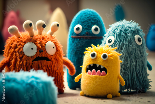 Illustration of a group of cute little felt monsters. Created with Generative AI technology. © Adrian Grosu