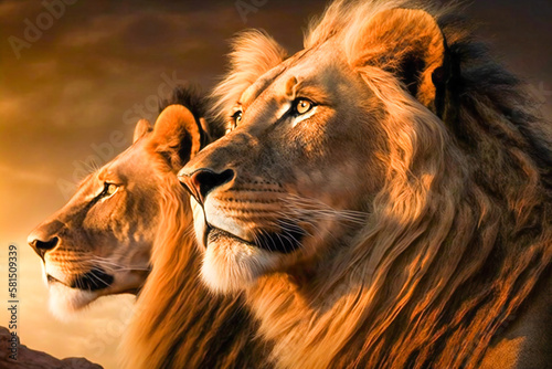 Two lions in wilderness. Created with Generative AI technology.