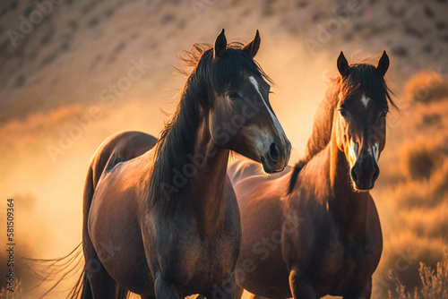 Wild horses in nature under morning light. Created with Generative AI technology.