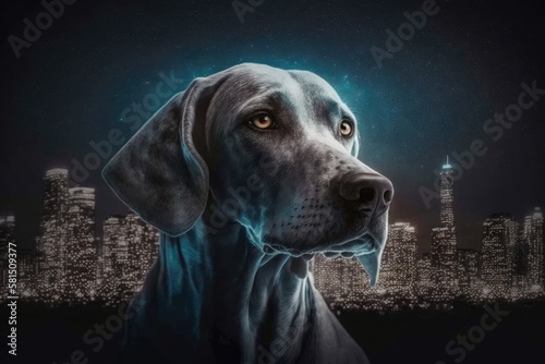 Weimaraner dog in a metropolis at night. Generative AI