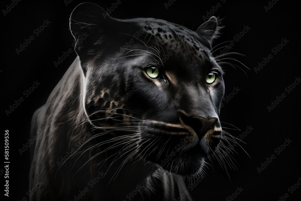 Close-up portrait of a black leopard (panther) isolated on black background. Generative AI
