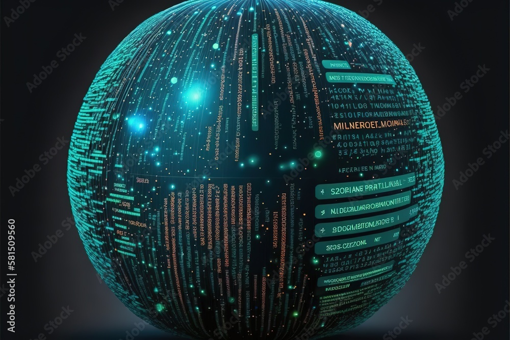 Big data sphere visualization with text. HUD wireframe mesh sphere with