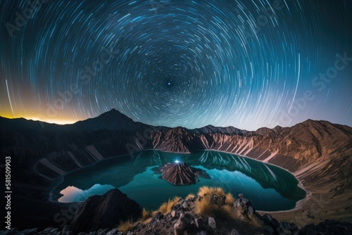 A Time Lapse Exposure Showing Star Trails Over the Crater Lake at Mount Rinjani, Indonesia's Second Largest Active Volcano. Astrophotography at the Segara Anak at Mount Rinjani, Lombok, Indonesia photo