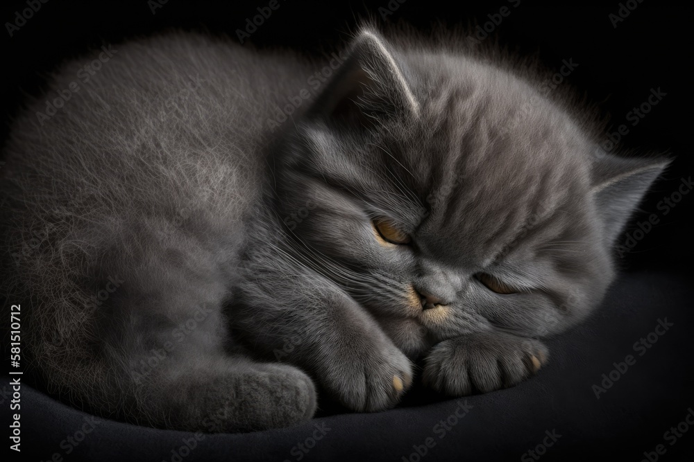 British kitten in deep sleep on a dark background. British kitten is really cute. Generative AI British kitten in deep sleep on a dark background. British kitten is really cute. Generative AI
