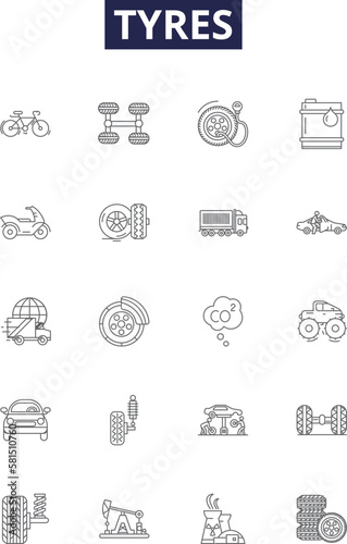 Tyres line vector icons and signs. Wheels, Rims, Hubs, Treads, Inflation, Adjustment, Spare, Blowout outline vector illustration set