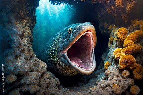 mouth open moray eel floats between rocks and corals, created with generative ai photo