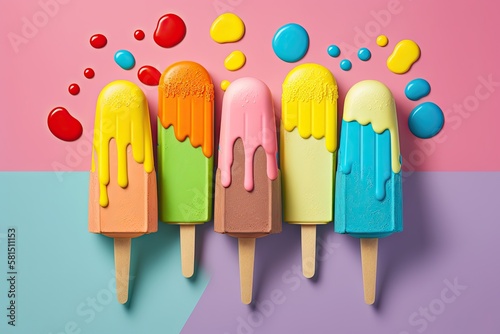 A brightly colored ice cream popsicle against a vibrant background. Generative AI